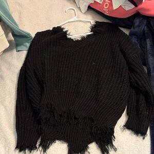 Main Strip Black Distressed Hem Sweater